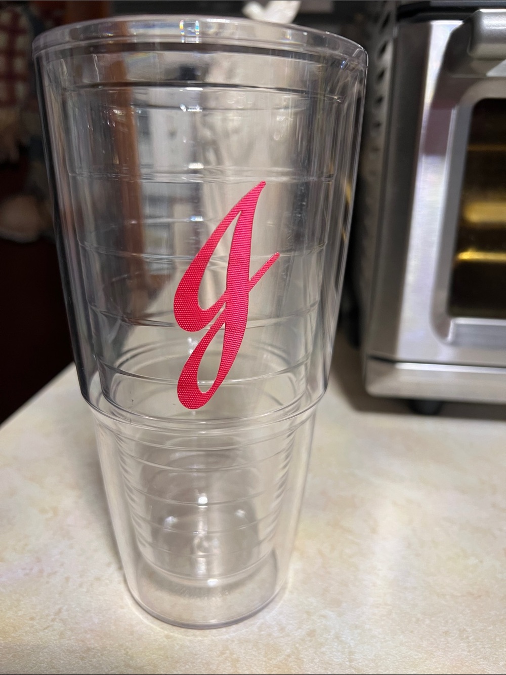 Vintage Clear Acrylic Tervis Tumbler with Pink 'J' Monogram - Home Dining